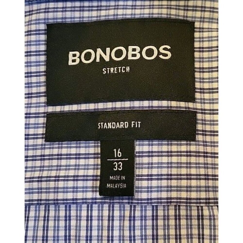 Bonobos Stretch Mens Standard Fit Blue White Check Dress Shirt Size 16‎ 32 EUC - Picture 6 of 8
